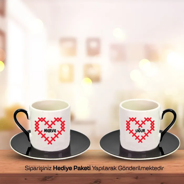 2Li Siyah İsimli Romantik Hediyelik Fincan Seti (Çikolata HEDİYELİ)