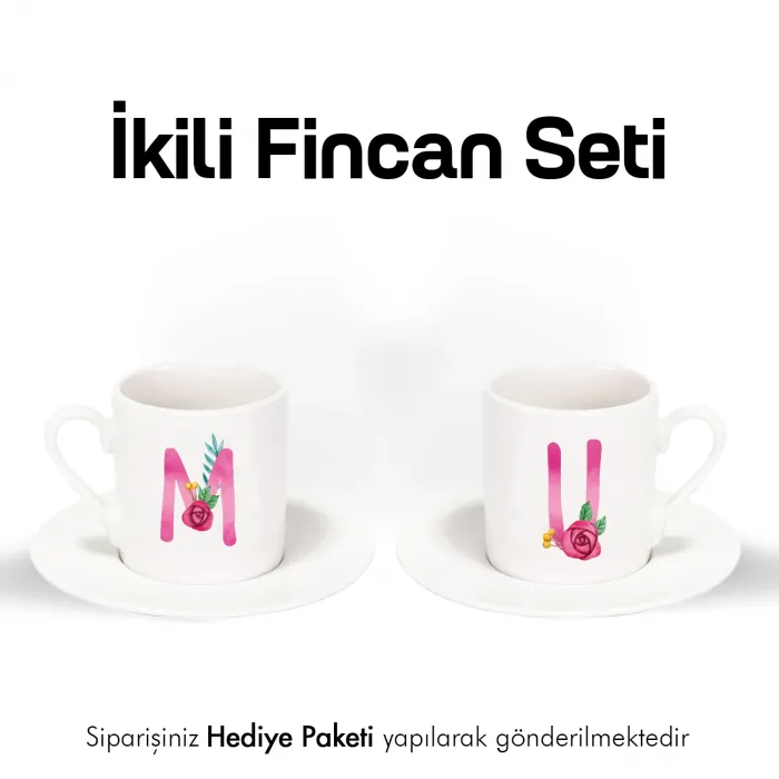 2’Li Beyaz Fincan Kişiye Özel Harf Baskılı