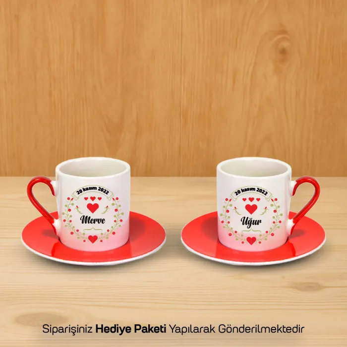 2’Li Kırmızı İsim ve Tarihli Aşk Fincanı Seti (Çikolata HEDİYELİ)