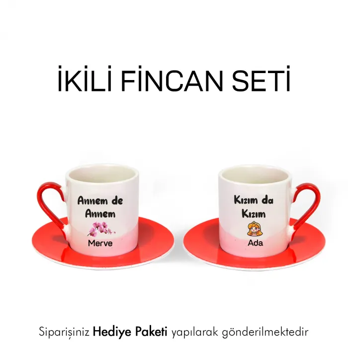 2’Li Kırmızı Fincan Kişiye Özel İsimli Annem De Annem Kızım Da Kızım