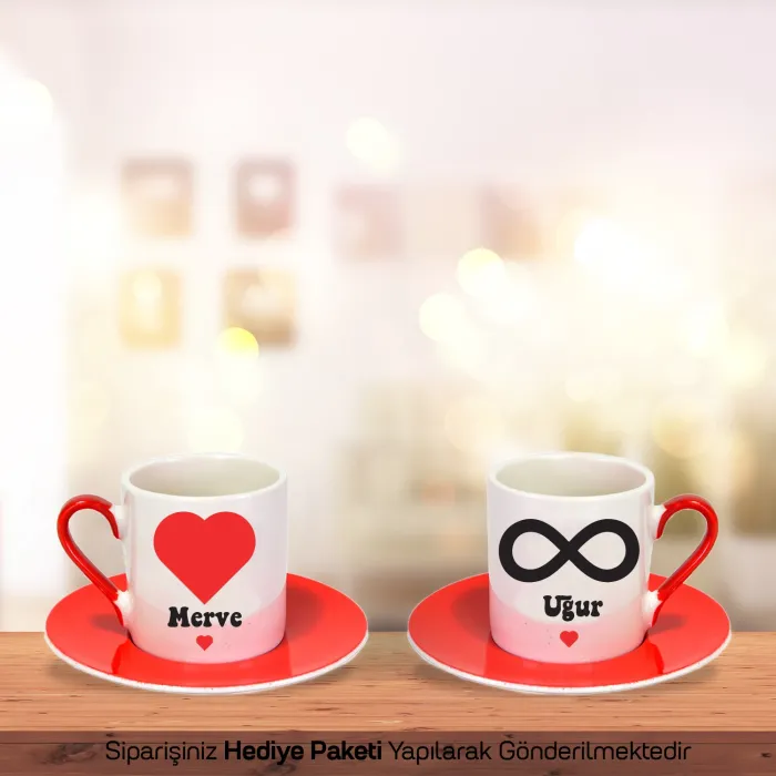 2’Li Kırmızı Fincan Kişiye Özel İsimli Aşkın Sonsuzluğu Fincan Seti