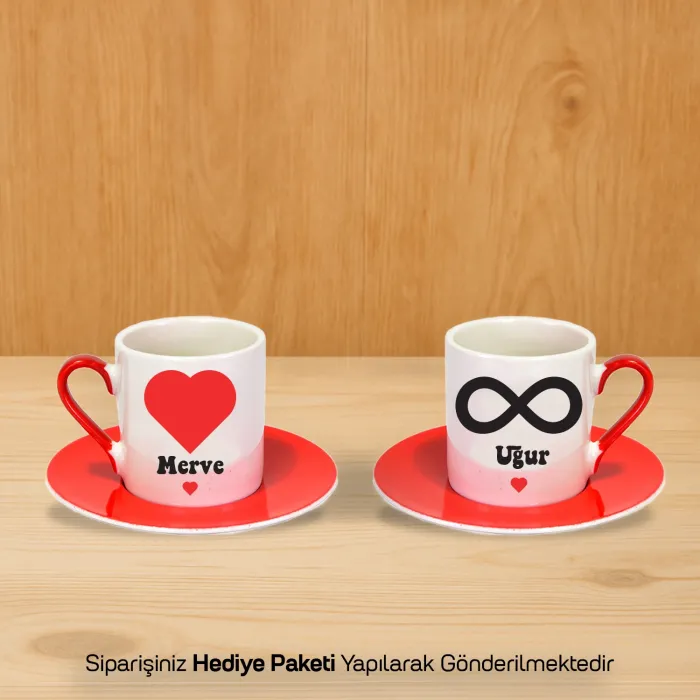 2’Li Kırmızı Fincan Kişiye Özel İsimli Aşkın Sonsuzluğu Fincan Seti