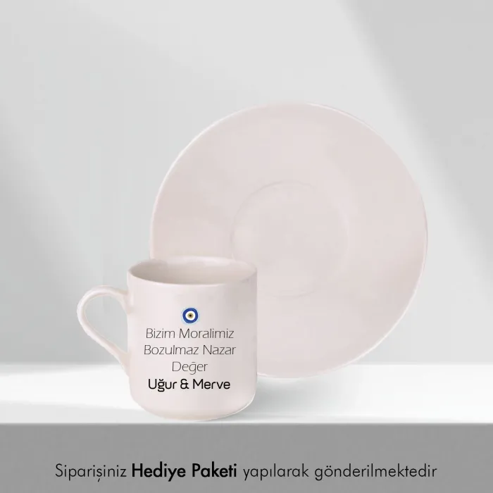 Nazar Değer Temalı Kişiye Özel İsimli Hediye Beyaz Fincan