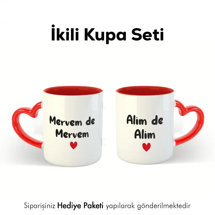 2’Li Kişiye Özel İsimli Kalpli Kupa Bardak