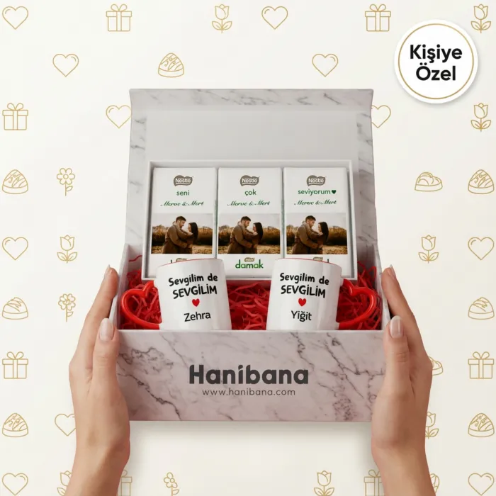 2li Kişiye Özel Kalpli Kupa ve Fotoğraflı Çikolata Hediye Kutusu