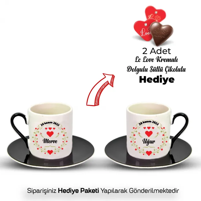 2’Li Siyah İsim ve Tarihli Aşk Fincanı Seti (Çikolata HEDİYELİ)