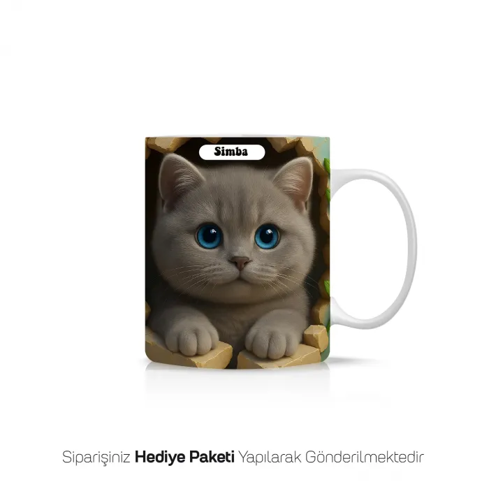 3D Kedi Tasarımlı Kişiye Özel Kupa Bardak