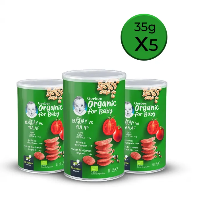 Gerber Organik Buğday, Yulaf, Domates, Havuç Ve Soğanlı Bebek Ve Küçük Çocuk Atıştırmalığı 35g 5 Adet