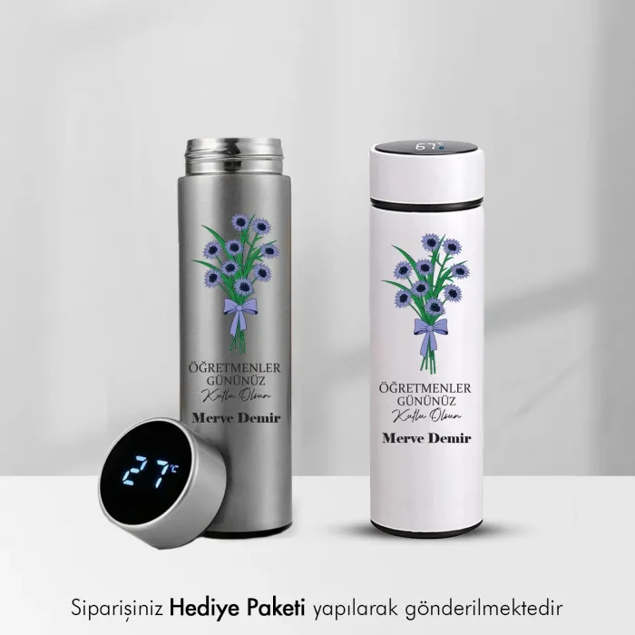 Öğretmenler Gününe Özel Çiçek Figürlü İsimli Termos