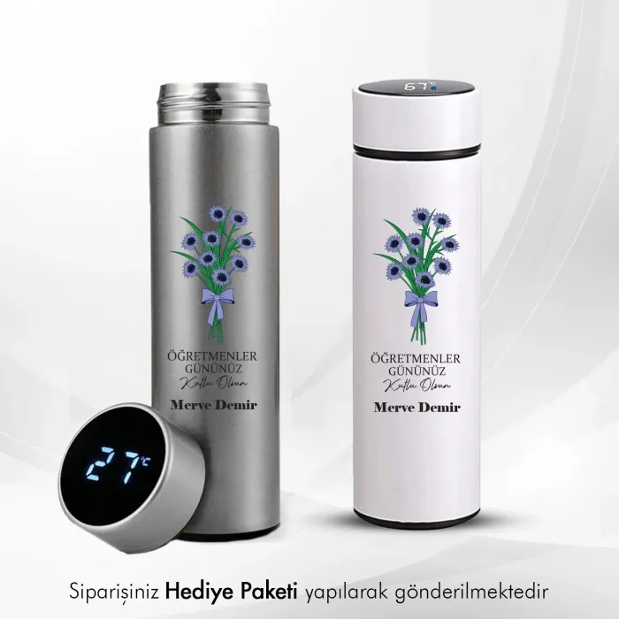 Öğretmenler Gününe Özel Çiçek Figürlü İsimli Termos