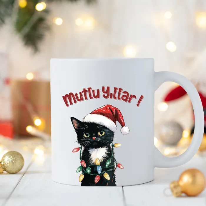 Sevimli Yeni Yıl Kedi Tasarımlı Kupa