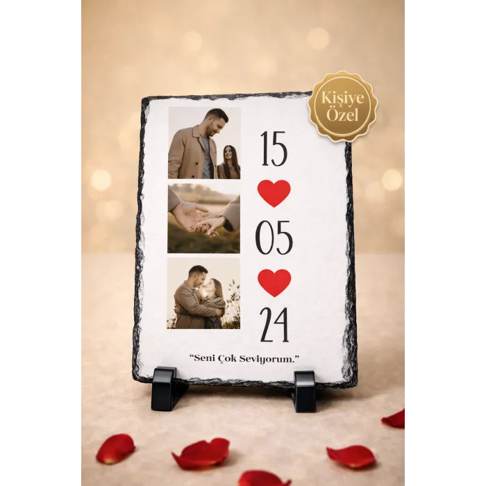 Kişiye Özel 3 Fotoğraflı Tarihli Sevgililer Günü Doğal Taş