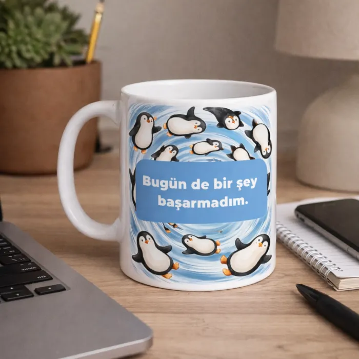 Bugün de Bir Şey Başarmadım – Penguen Girdap Tasarımlı Kupa