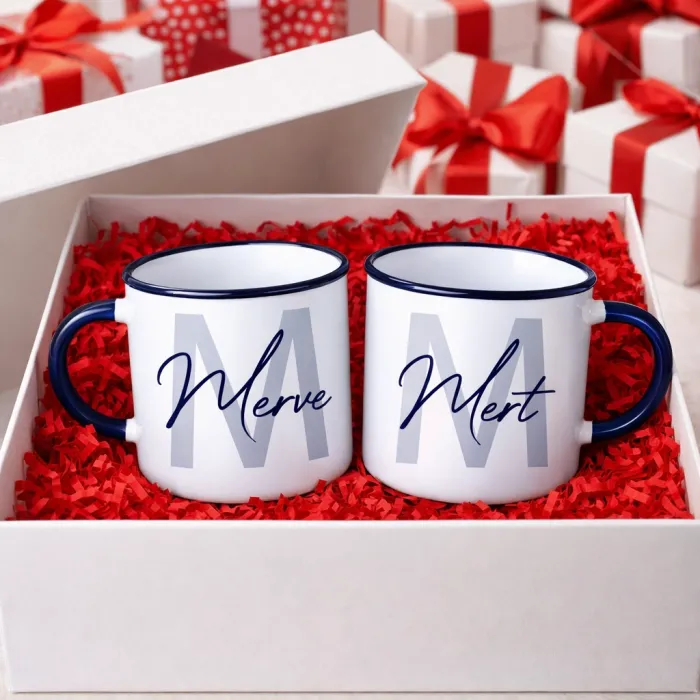Kişiye Özel Lacivert İsimli Enamel Kupa Seti