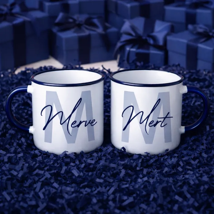 Kişiye Özel Lacivert İsimli Enamel Kupa Seti