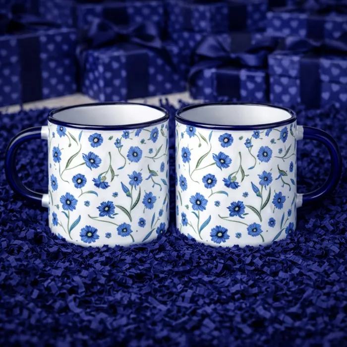 Çiçek Desenli Lacivert Enamel Kupa Seti