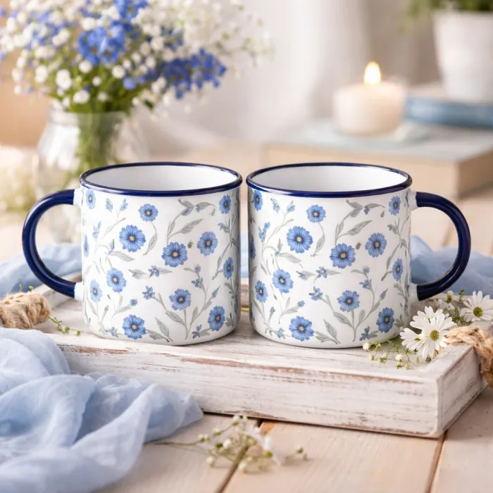 Çiçek Desenli Lacivert Enamel Kupa Seti