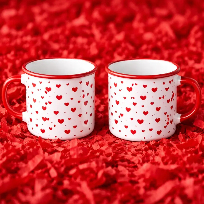 Sevgiliye Özel Kalp Desenli Kırmızı Enamel Kupa Seti