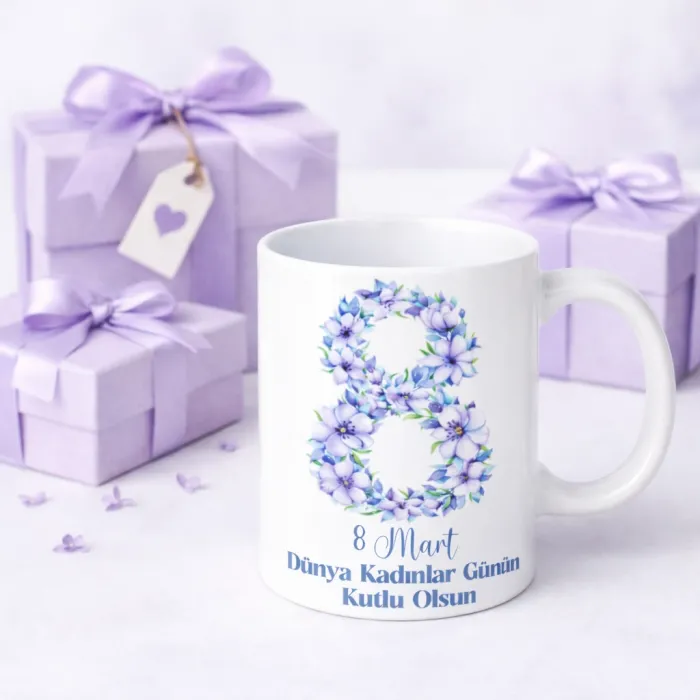 8 Mart Lila Çiçekli Hediye Kupa
