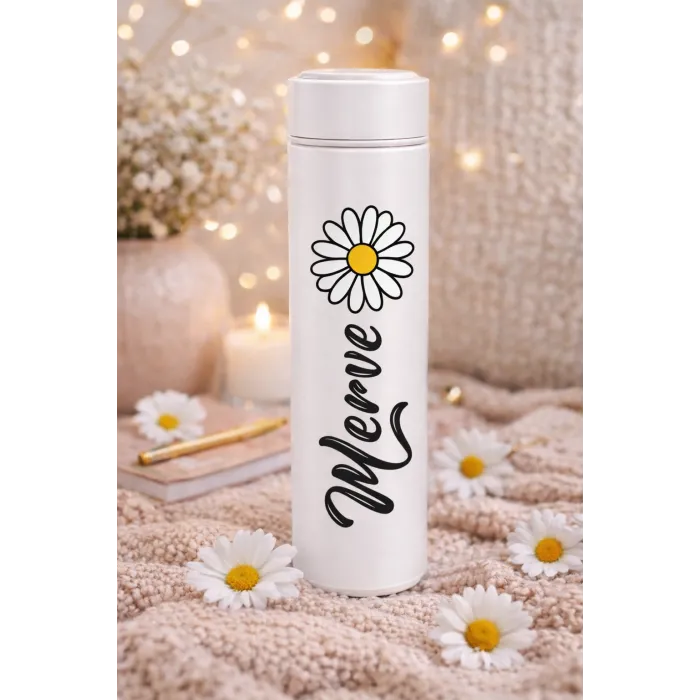 Kişiye Özel Papatyalı Beyaz Termos