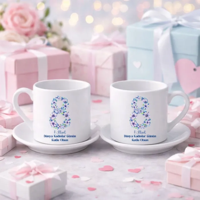 8 Mart Çiçekli Kahve Fincan Seti