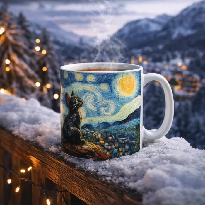 Yıldızlı Gece Kedisi Tasarım Kupa