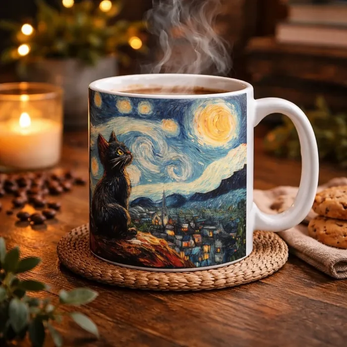 Yıldızlı Gece Kedisi Tasarım Kupa