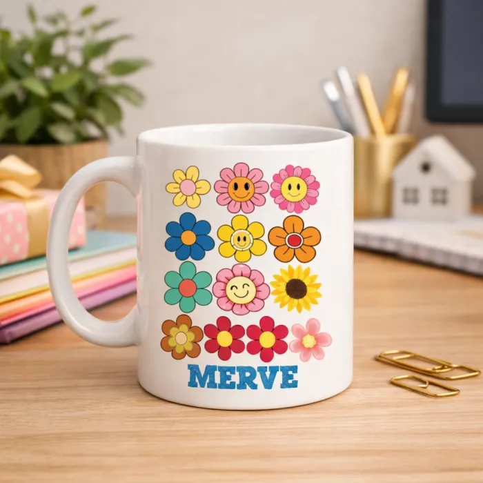 Kişiye Özel Renkli Çiçekler İsimli Kupa