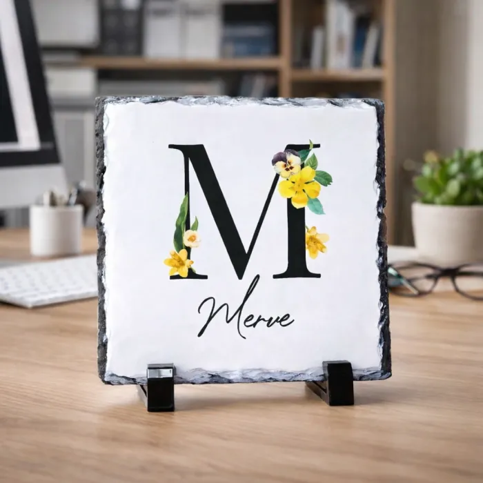 Harf Tasarımlı Kişiye Özel Baskılı Kare Doğal Taş