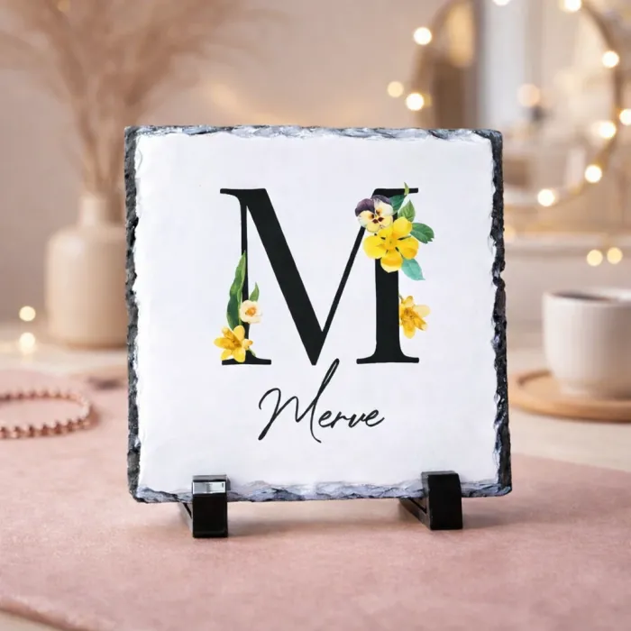 Harf Tasarımlı Kişiye Özel Baskılı Kare Doğal Taş