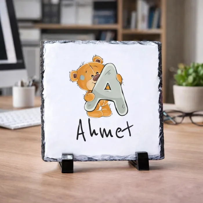 Ayıcıklı Harf Tasarımlı Kişiye Özel Baskılı Kare Doğal Taş