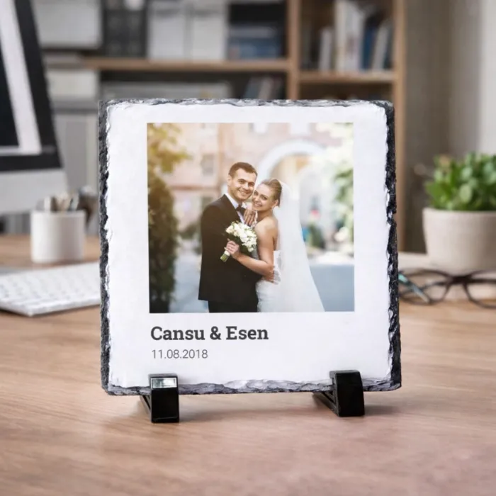 Yıl Dönümüne Özel Fotoğraf İsim ve Tarih Baskılı Kare Doğal Taş