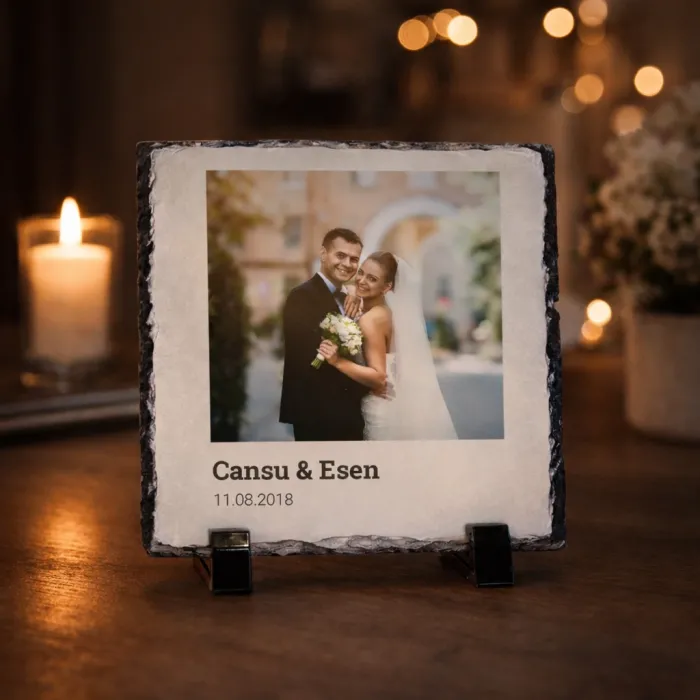 Yıl Dönümüne Özel Fotoğraf İsim ve Tarih Baskılı Kare Doğal Taş