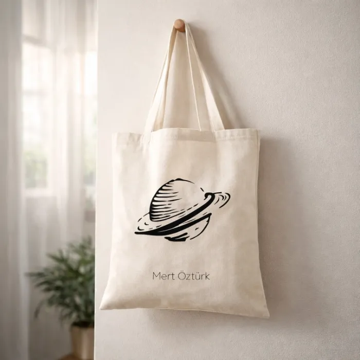 Gezegen Tasarımlı Kişiye Özel İsimli Askılı Bez Çanta