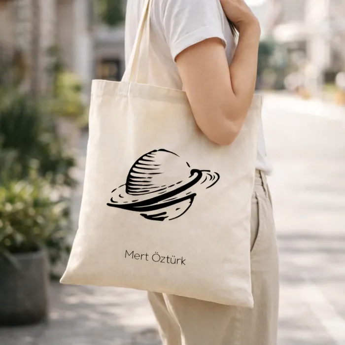Gezegen Tasarımlı Kişiye Özel İsimli Askılı Bez Çanta