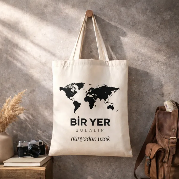 Bir Yer Bulalım Dünyadan Uzak Tasarımlı Askılı Bez Çanta