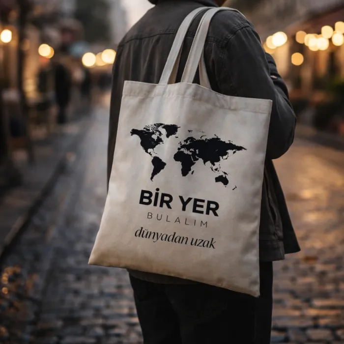 Bir Yer Bulalım Dünyadan Uzak Tasarımlı Askılı Bez Çanta