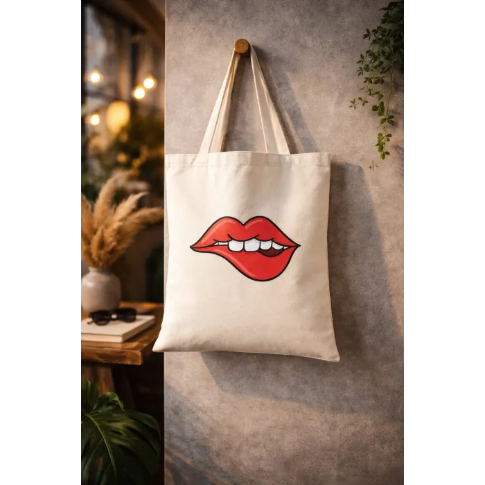 Dudak Tasarımlı Askılı Bez Çanta