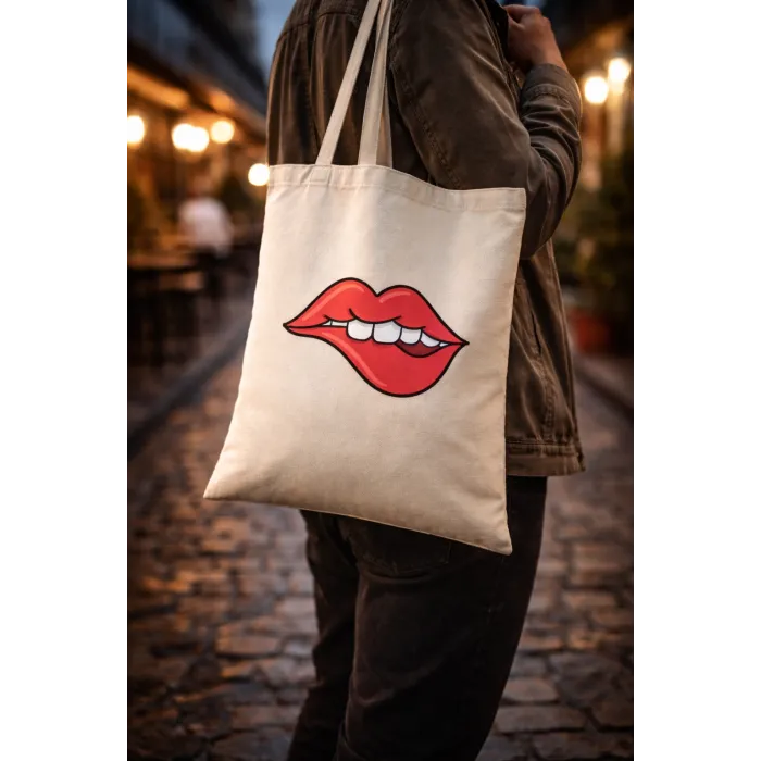 Dudak Tasarımlı Askılı Bez Çanta