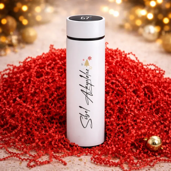 Kişiye Özel Hediye Dijital Göstergeli Beyaz Çelik Termos