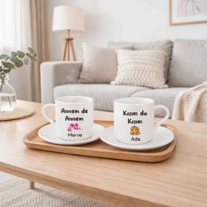 2’Li Beyaz Fincan Kişiye Özel İsimli Annem De Annem Kızım Da Kızım