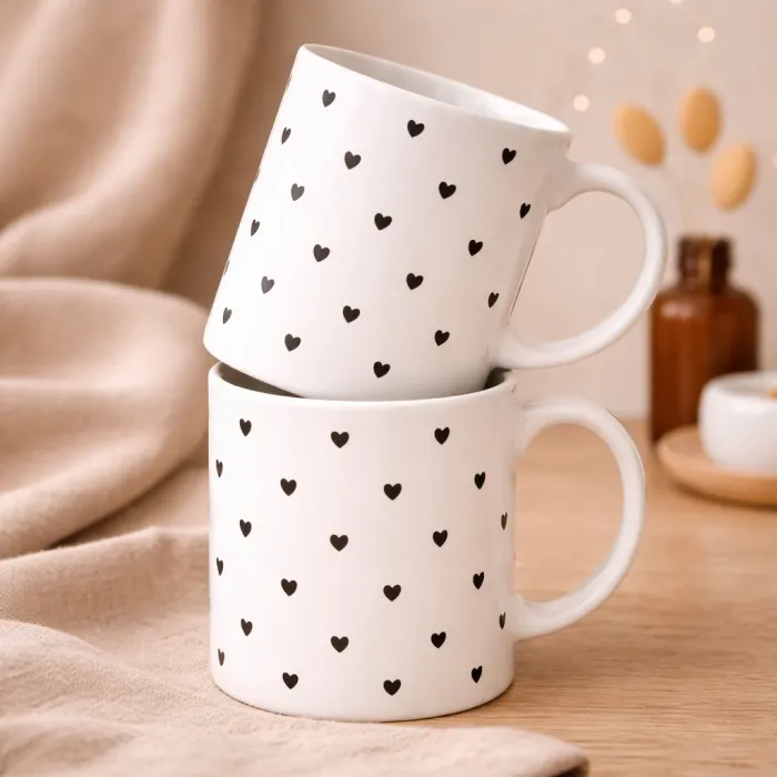 Minimal Kalp Desenli İkili Kupa Seti