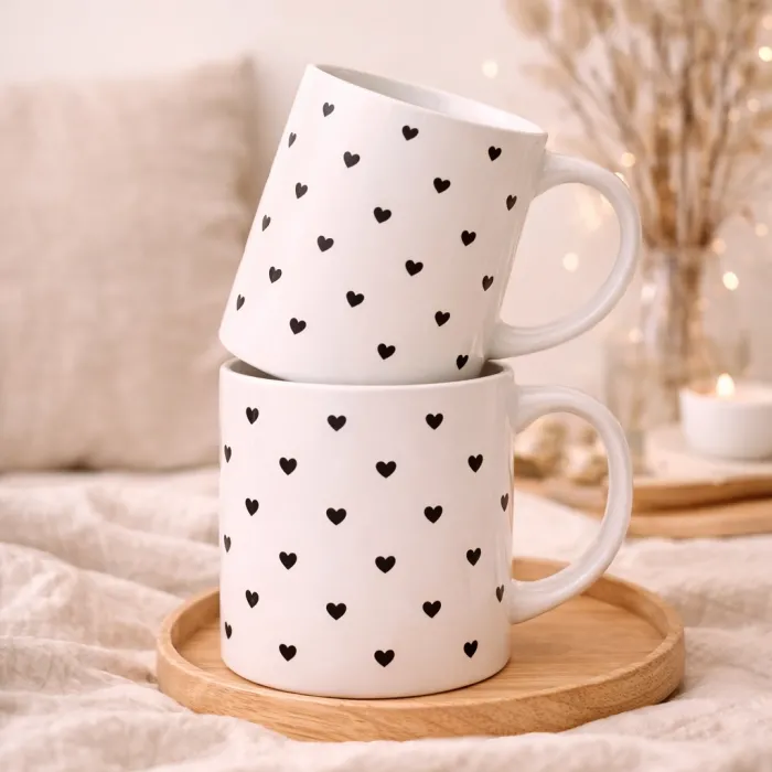 Minimal Kalp Desenli İkili Kupa Seti