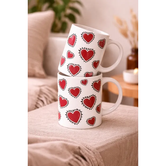 Kırmızı Kalp Desenli 2’li Kupa Seti