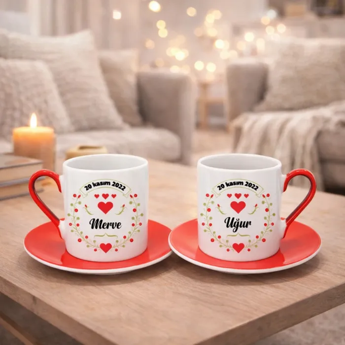 2’Li Kırmızı İsim ve Tarihli Aşk Fincanı Seti