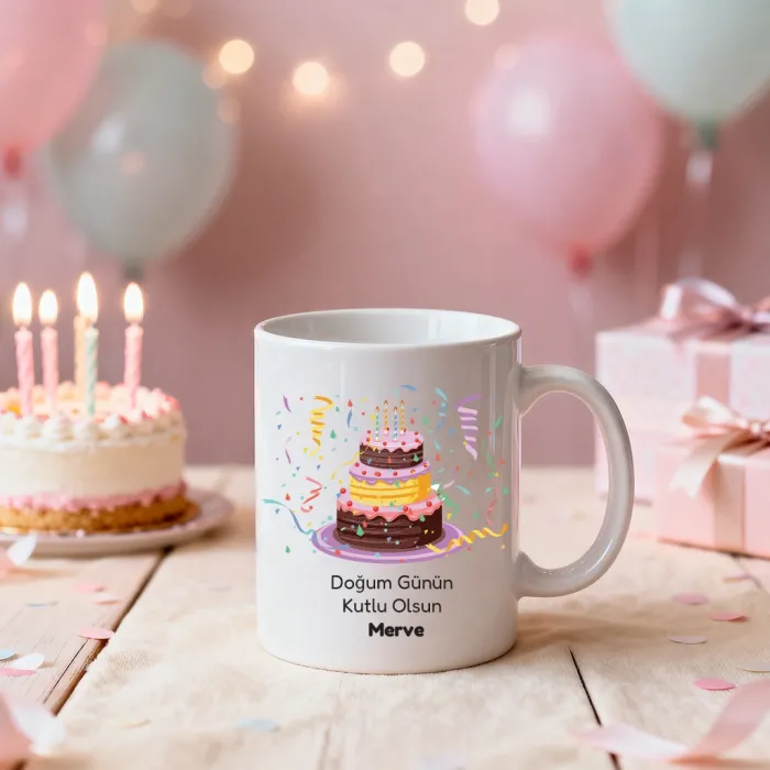 Konfetili Pasta Temalı Kişiye Özel İsimli Kupa Bardak