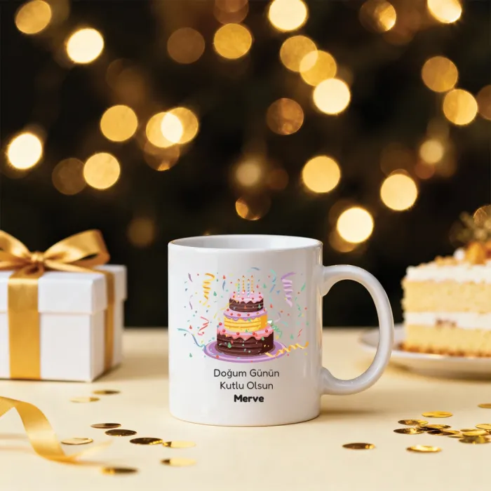 Konfetili Pasta Temalı Kişiye Özel İsimli Kupa Bardak