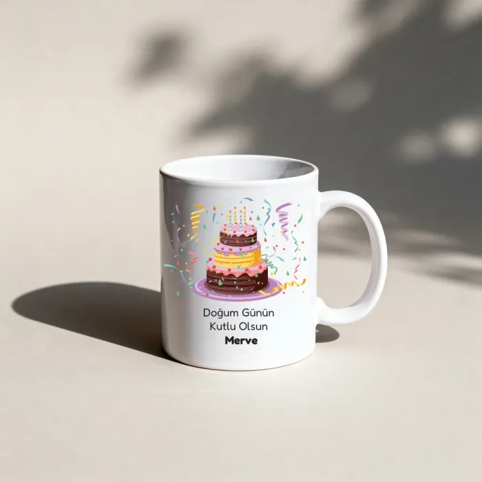 Konfetili Pasta Temalı Kişiye Özel İsimli Kupa Bardak