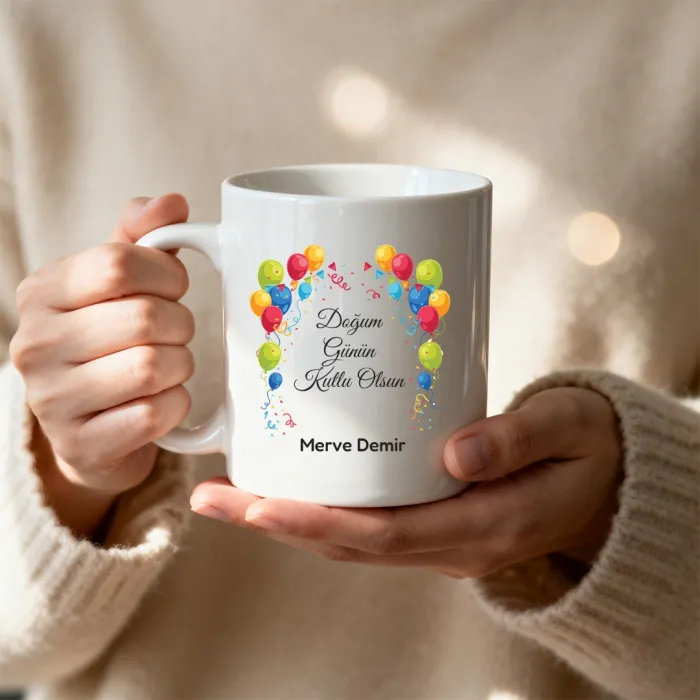 Renkli Balonlu Kişiye Özel İsimli Kupa Bardak