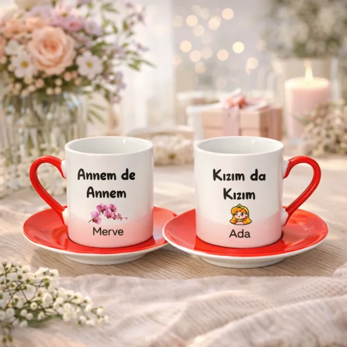 2’Li Kırmızı Fincan Kişiye Özel İsimli Annem De Annem Kızım Da Kızım